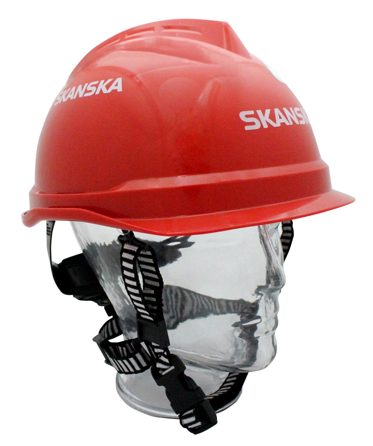 Hjälm m 3-punkts hakband MSA V-Gard röd besökare