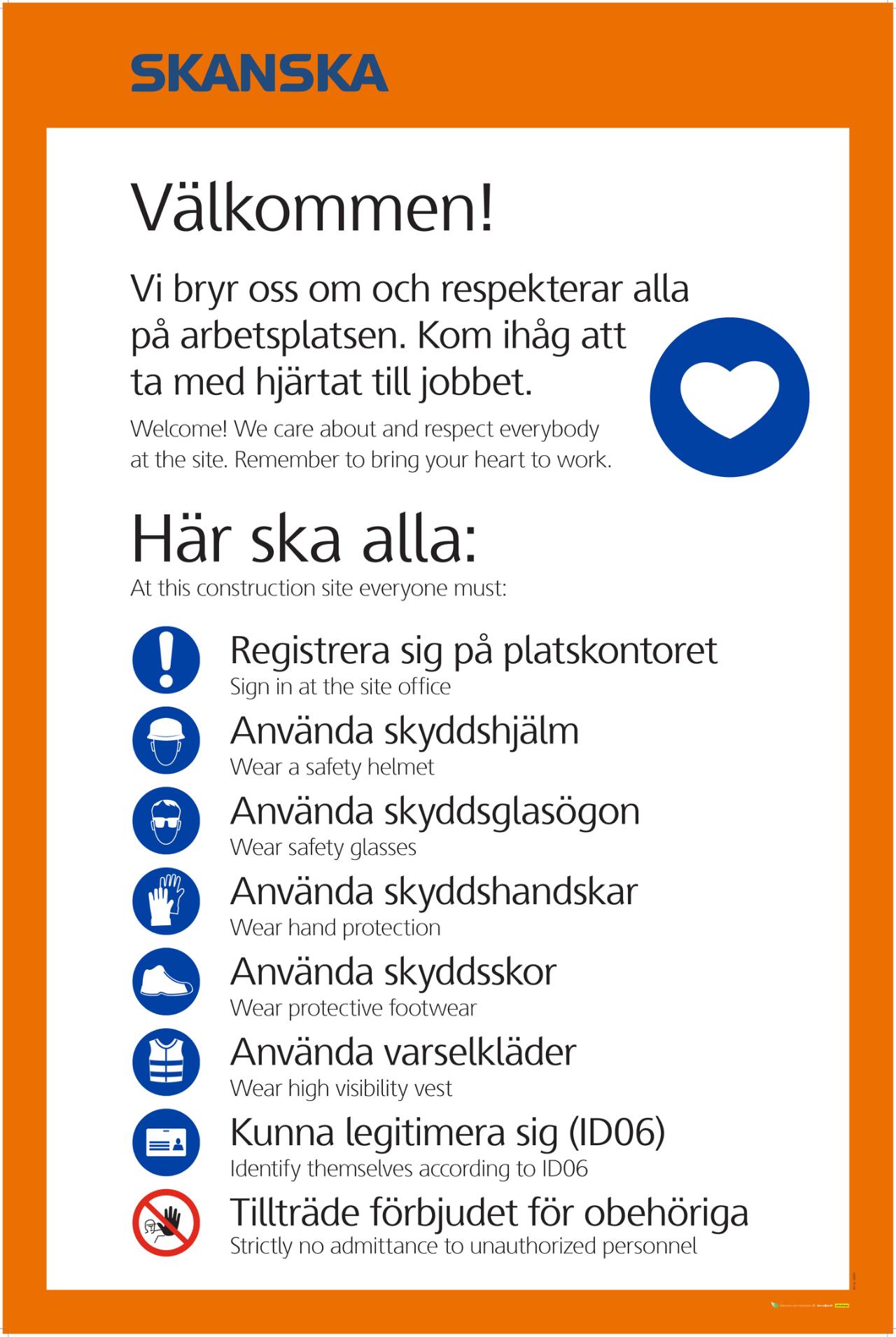 Skylt: Säker arbetsplats stor 800 x 1200 mm